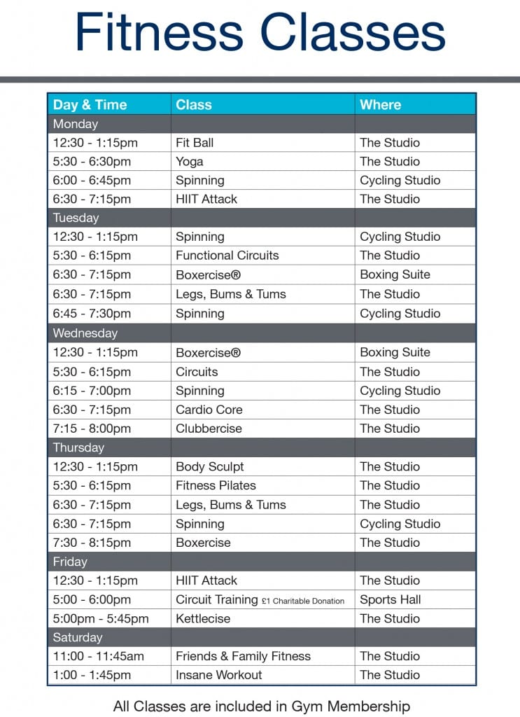 Sports Centre Gym Class Timetable Jan 2017